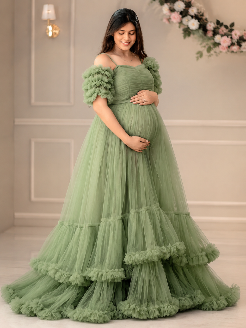 peacock green colour maternity gown