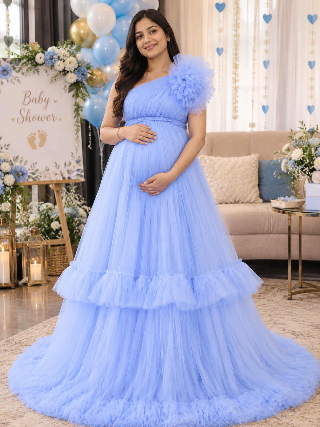 lavender maternity gown for photoshoot