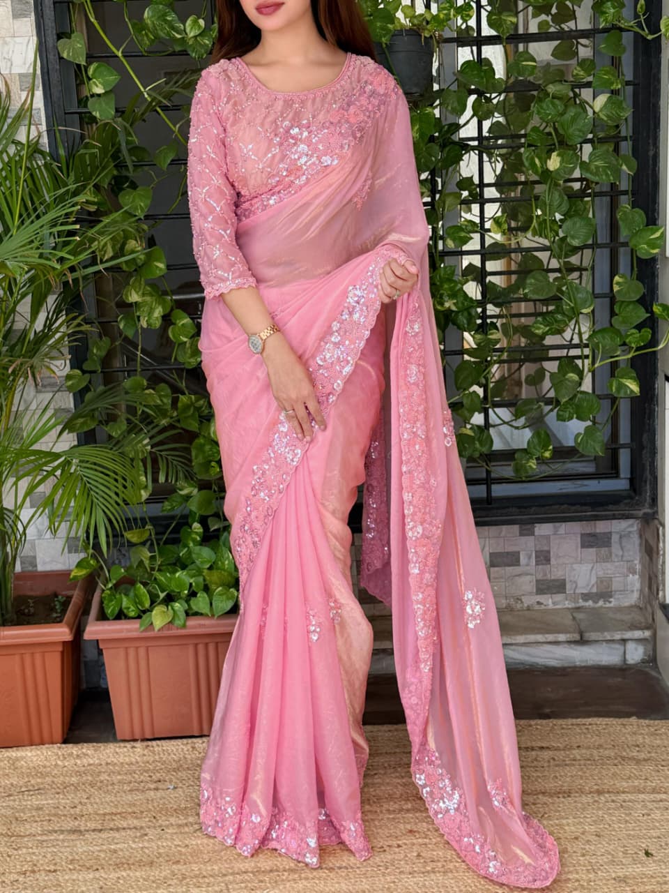 Blush Pink Fandy Satin Sequin Saree