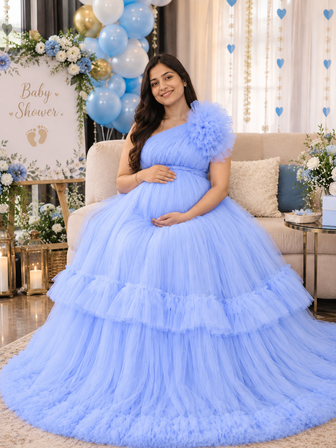 lavender maternity gown for photoshoot