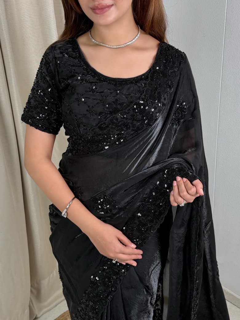 Fandy Satin Beads & Sequins Saree