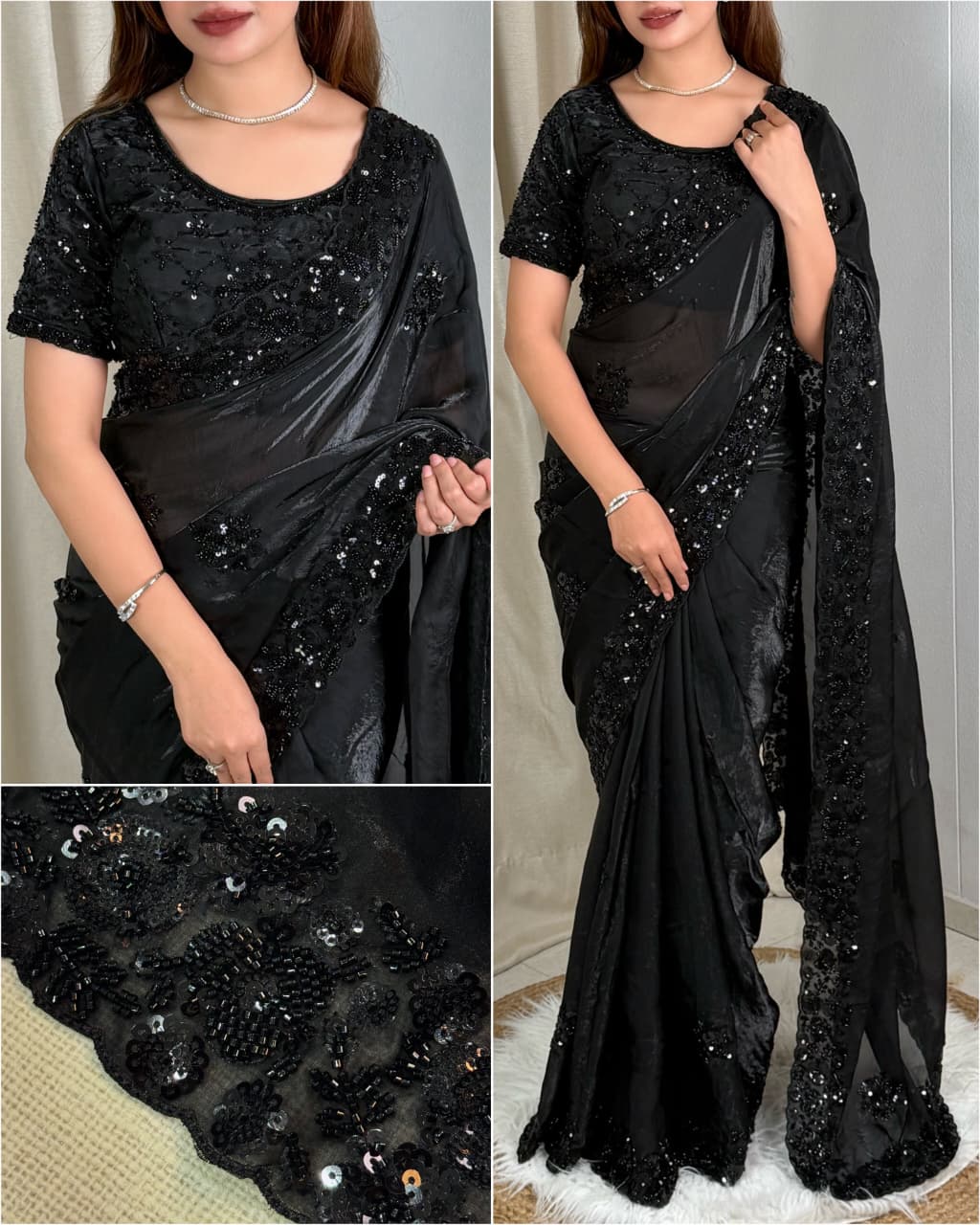 Fandy Satin Beads & Sequins Saree