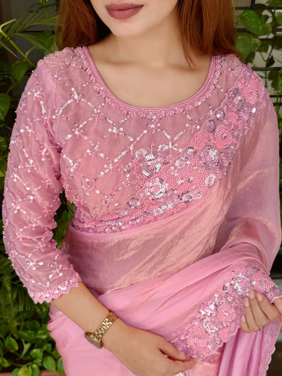Blush Pink Fandy Satin Sequin Saree
