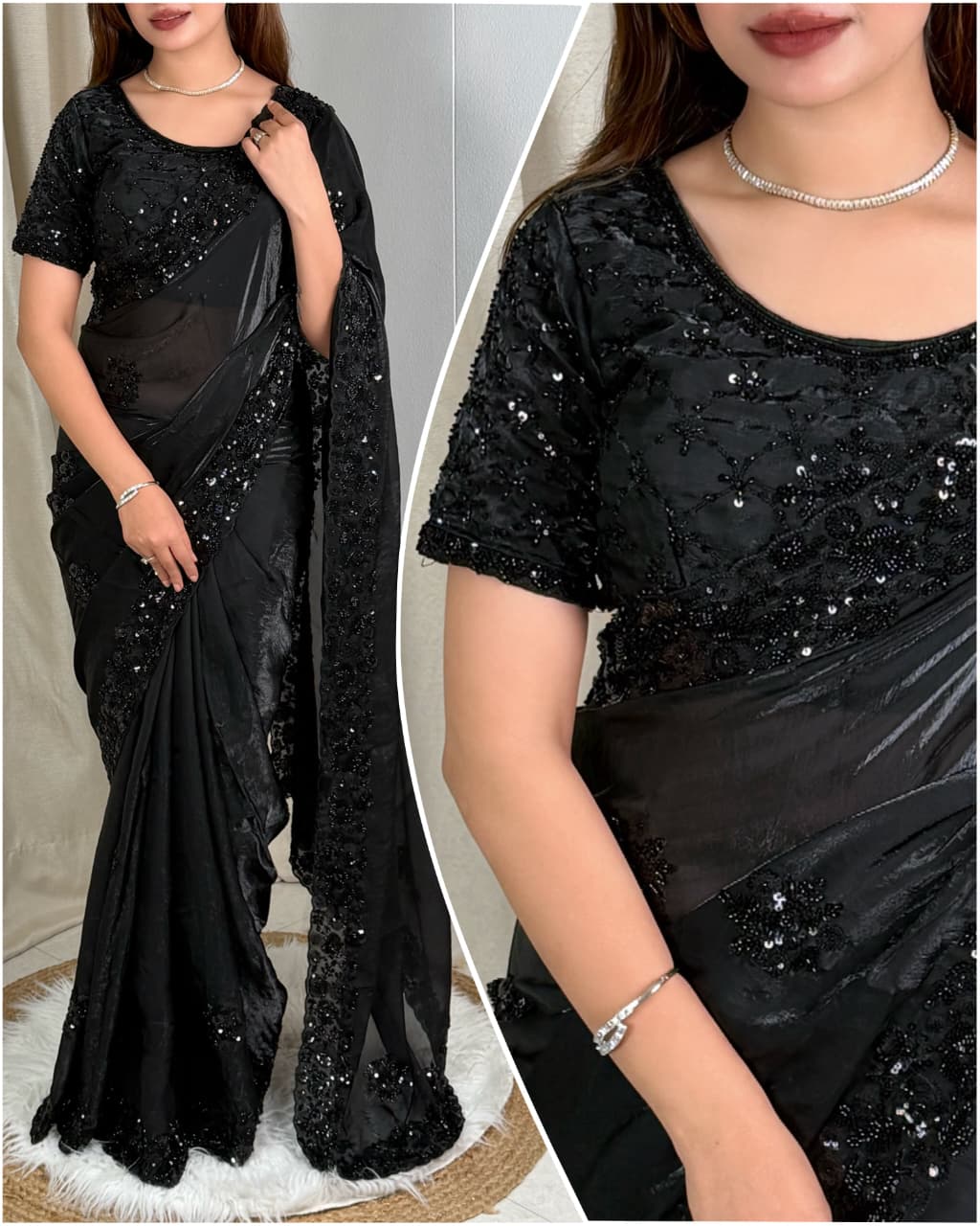 Fandy Satin Beads & Sequins Saree