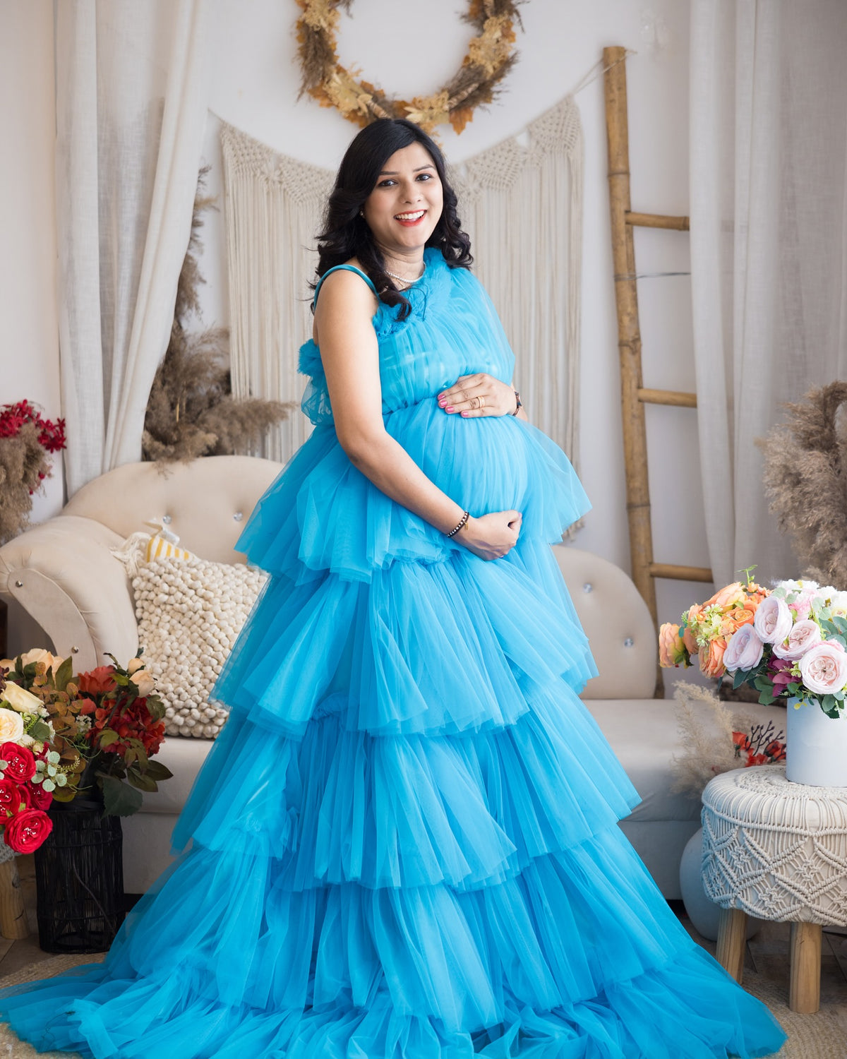 sky color gown for pregnancy women