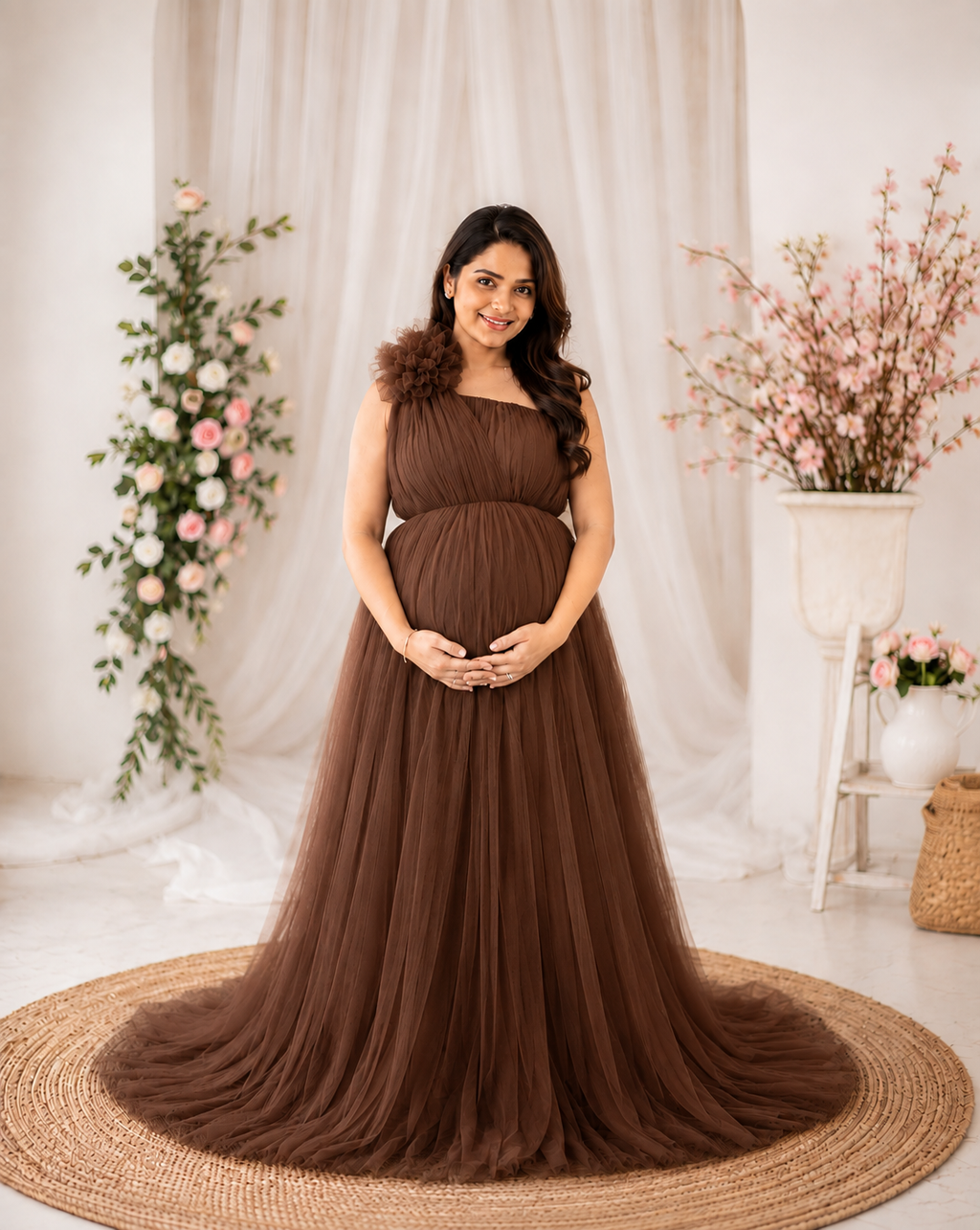elegant brown color maternity gown for pregnancy
