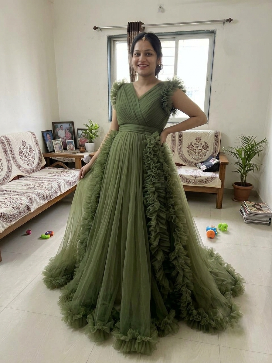 maternity green colour gown for pregnant lady