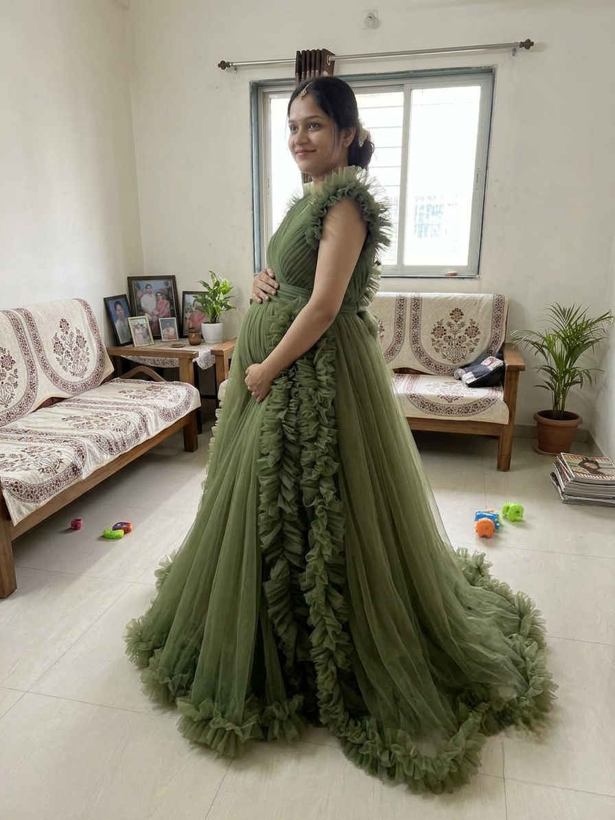 green color maternity gown for pregnant lady