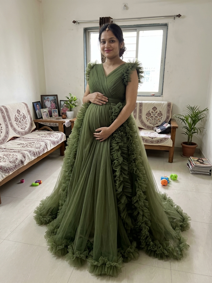 green color maternity gown for pregnant lady