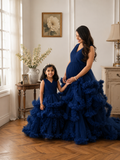 blue color maternity gown mother and daughter