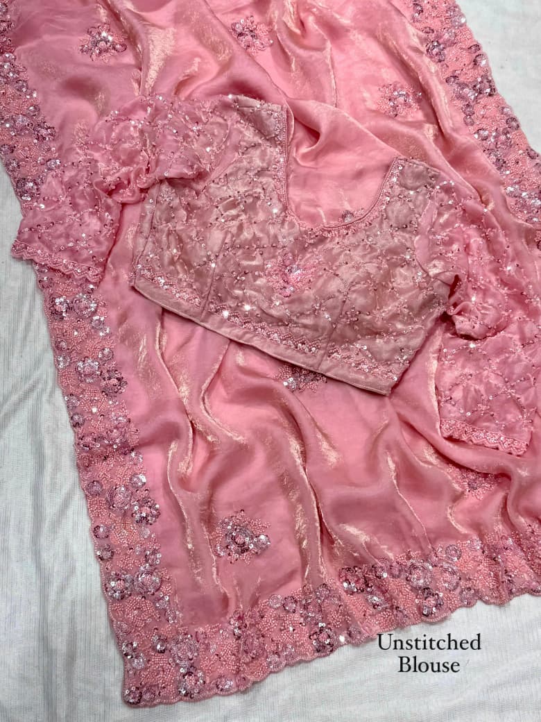 Blush Pink Fandy Satin Sequin Saree