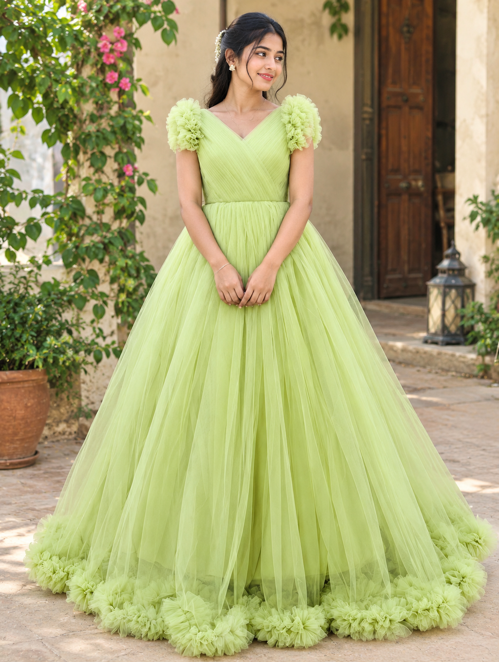 Lime Green Maternity Dress Gown with Ruffle Shoulders and Frilled Hem