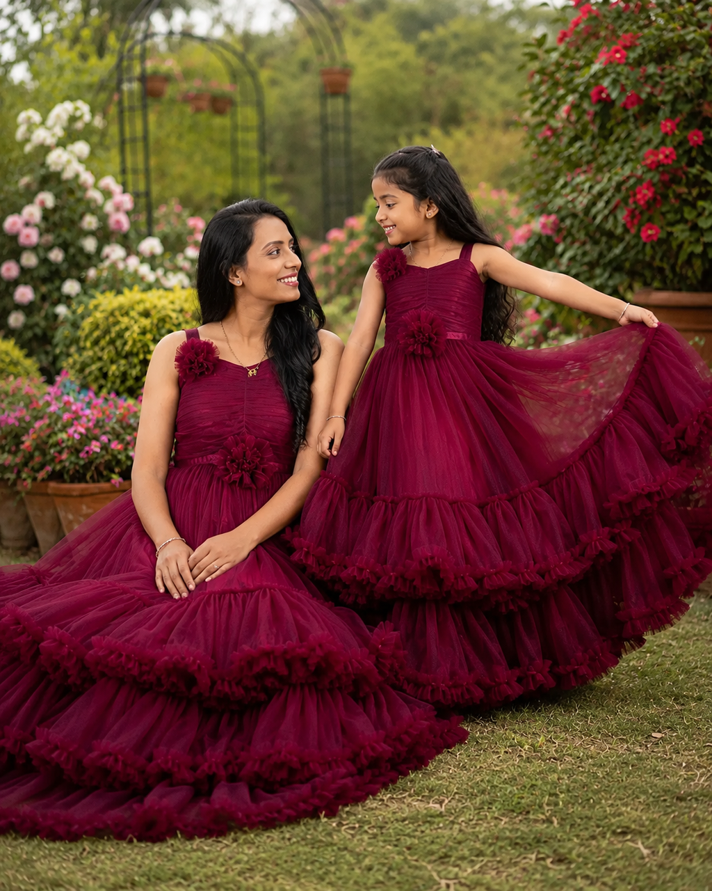 Wine Mother Daughter Matching Combo Gown Set with Floral Accents and Tiered Ruffle Skirt