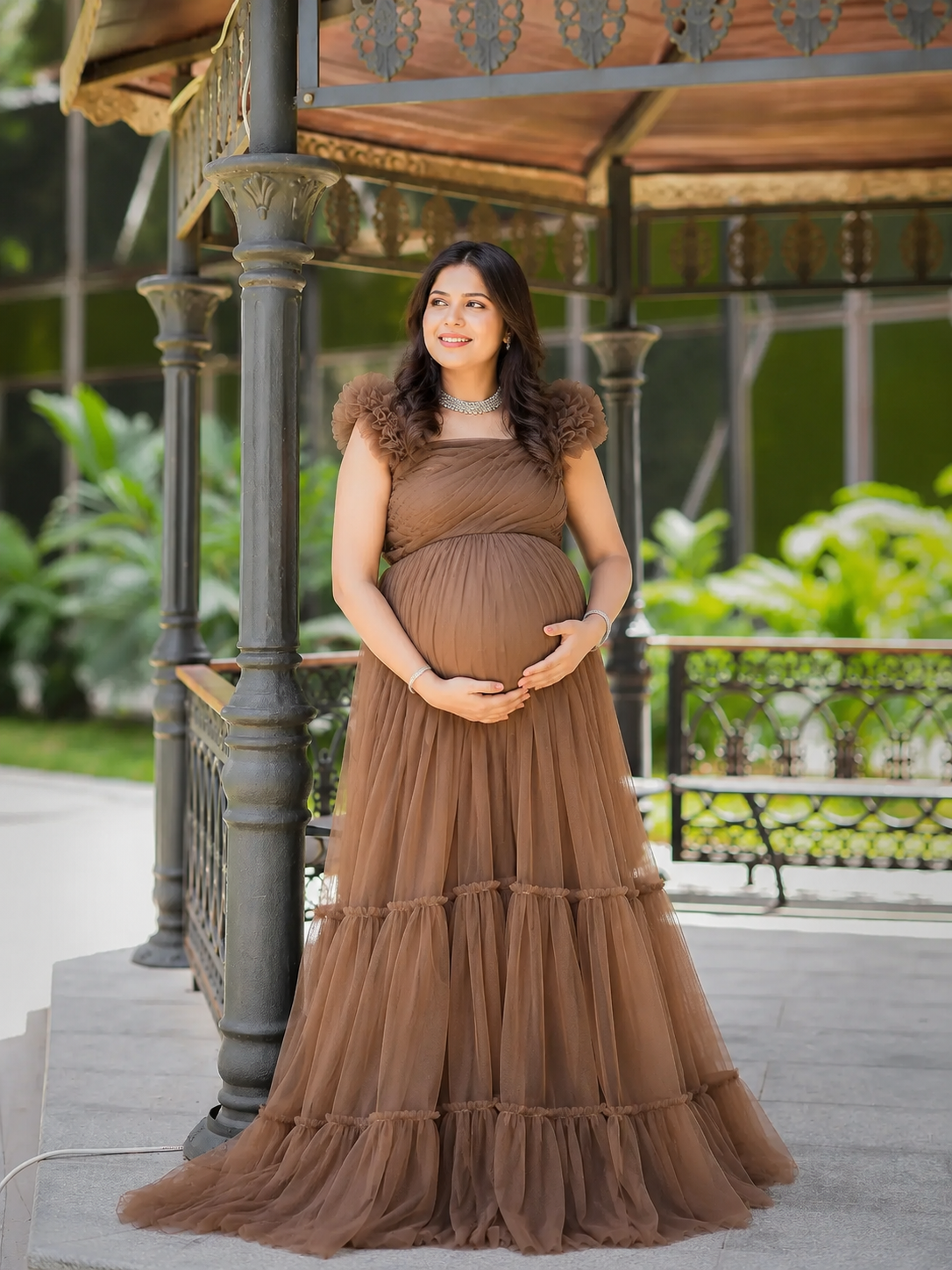 Brown Color Gown for Pregnant Lady | Elegant Maternity Gown