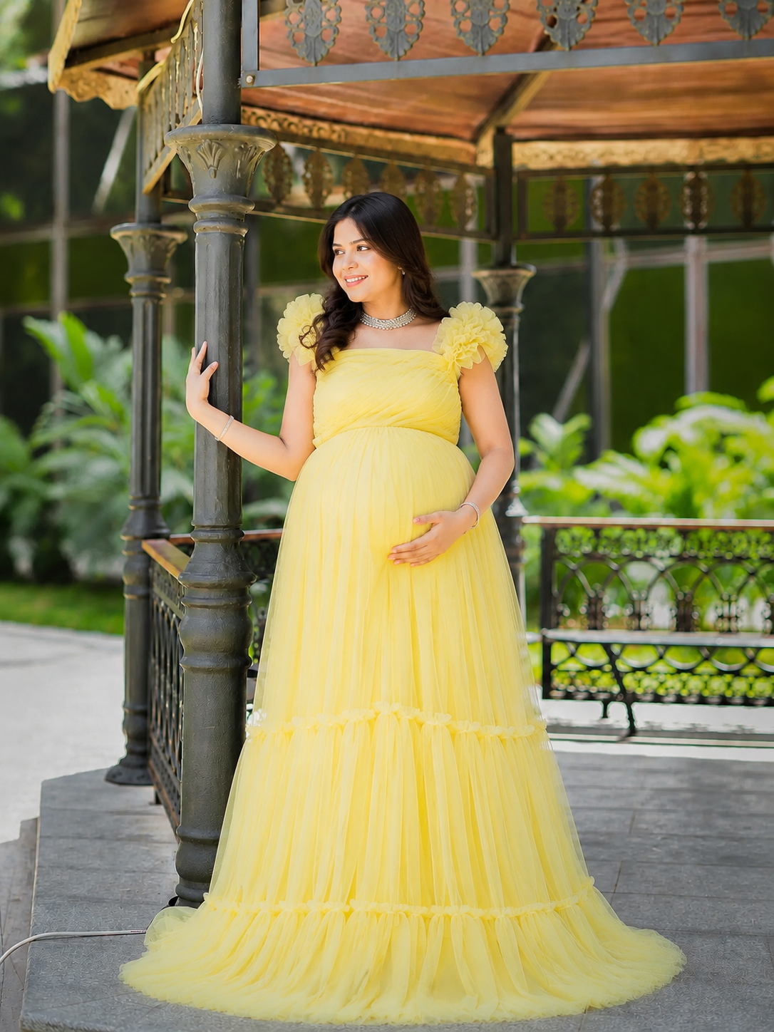 cute yellow color maternity gown for pregnant lady