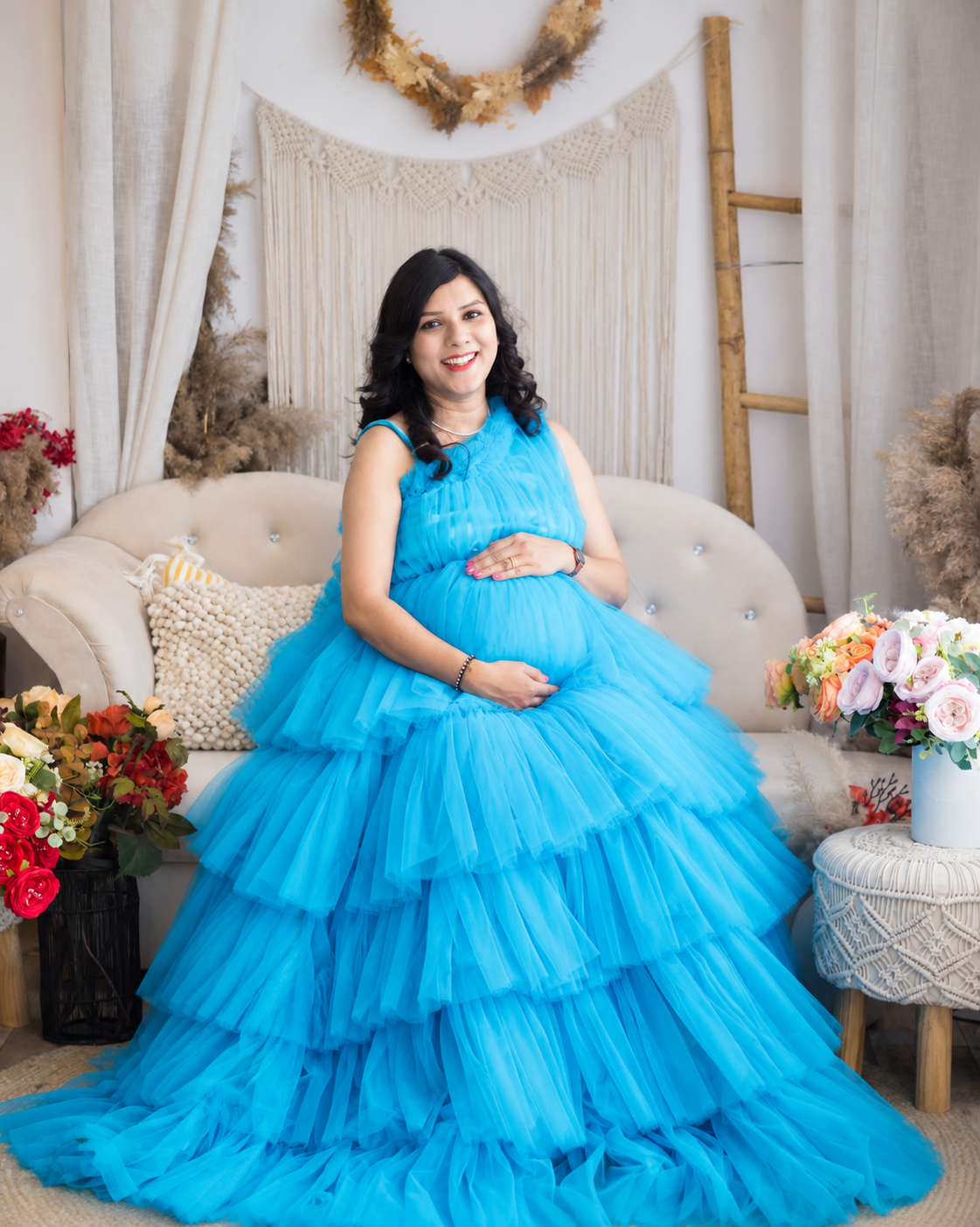 sky colour maternity gown for pregnant lady