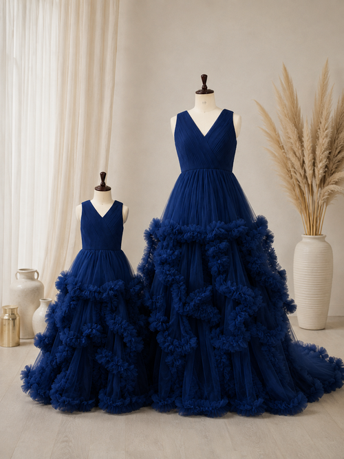 best blue color mother and daughter gown