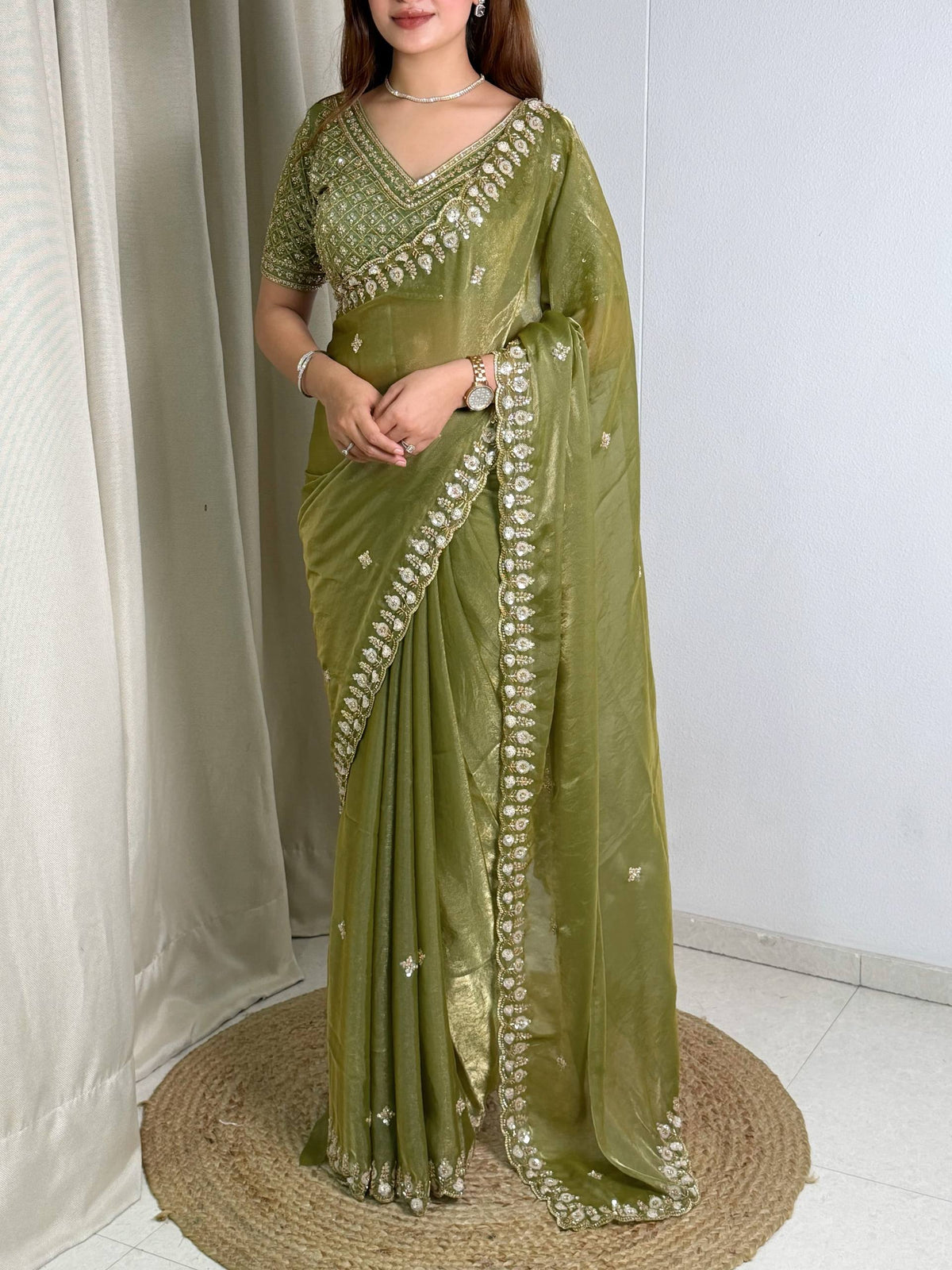 Olive Green Fandy Satin Saree
