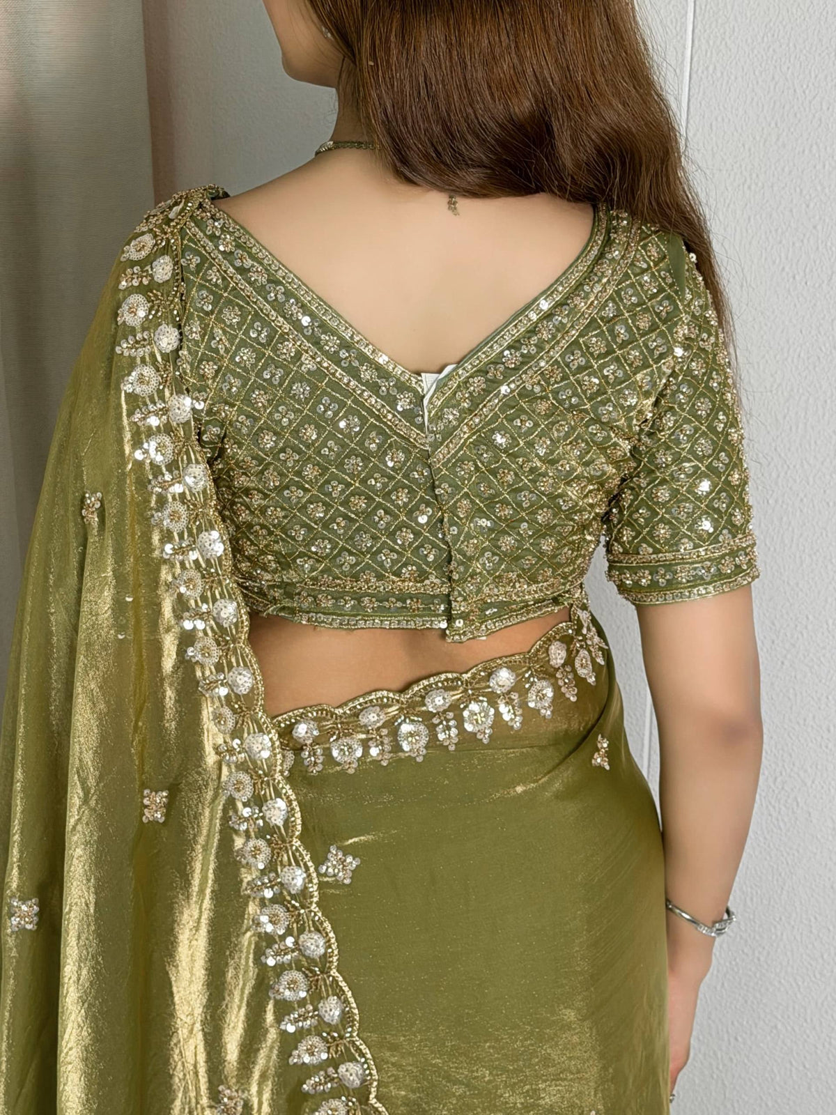 Olive Green Fandy Satin Saree