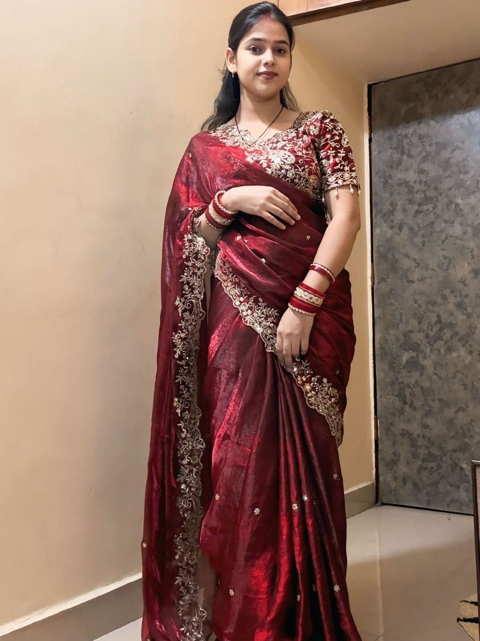 red silk jari saree