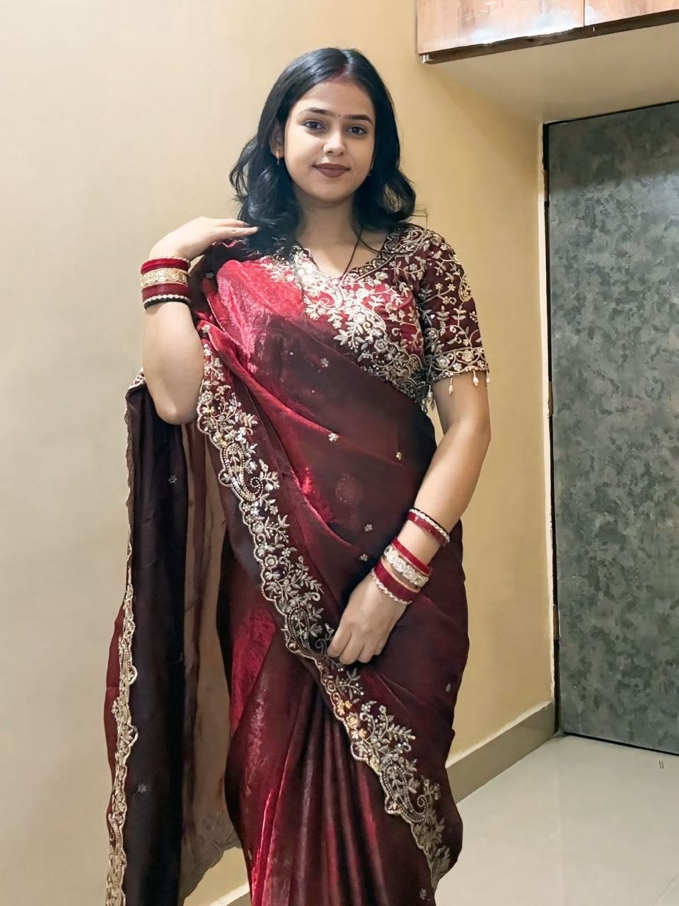red silk jari saree