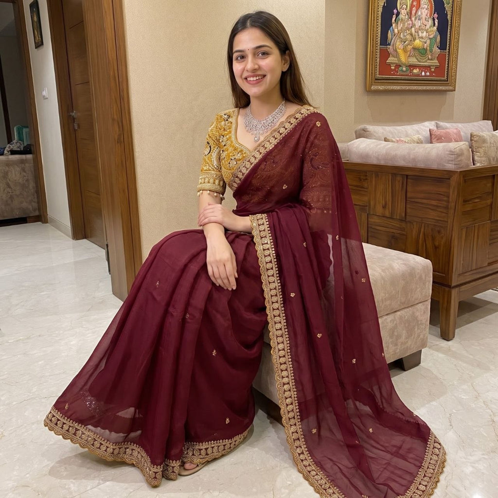 maroon georgette saree