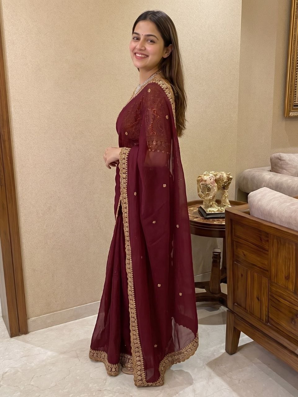 maroon georgette saree