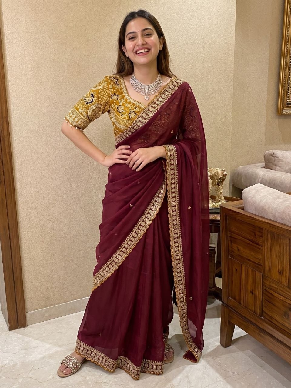 maroon georgette saree