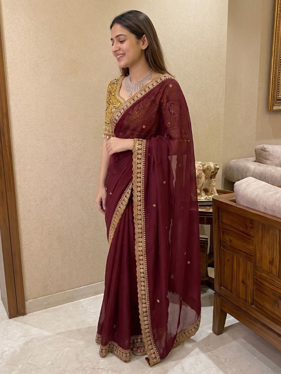 maroon georgette saree