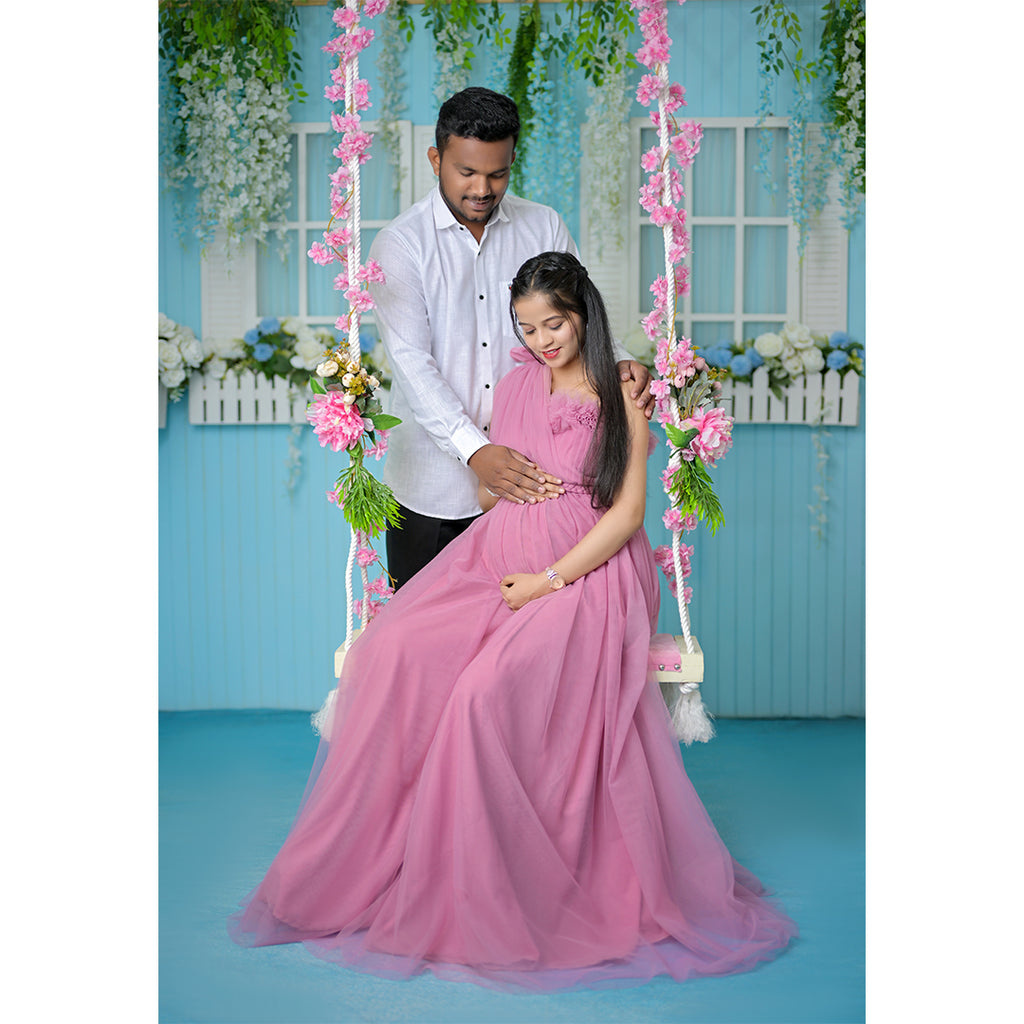 one shoulder pink gown