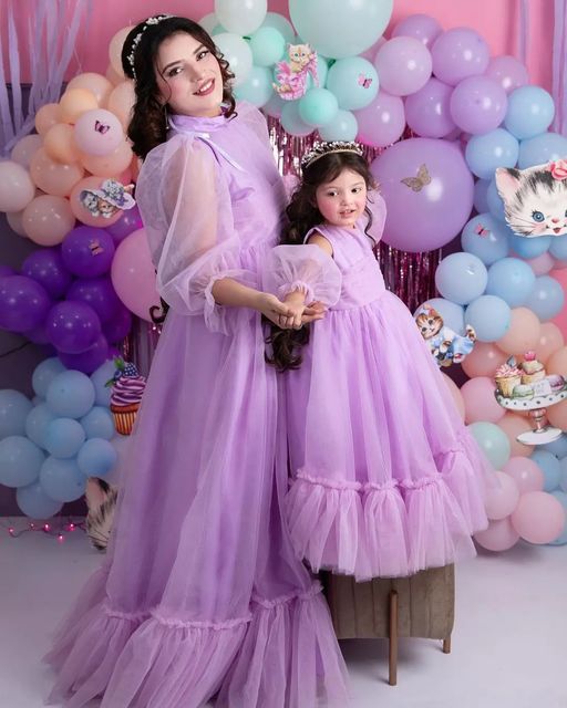 lavender color gown for mom and daughter