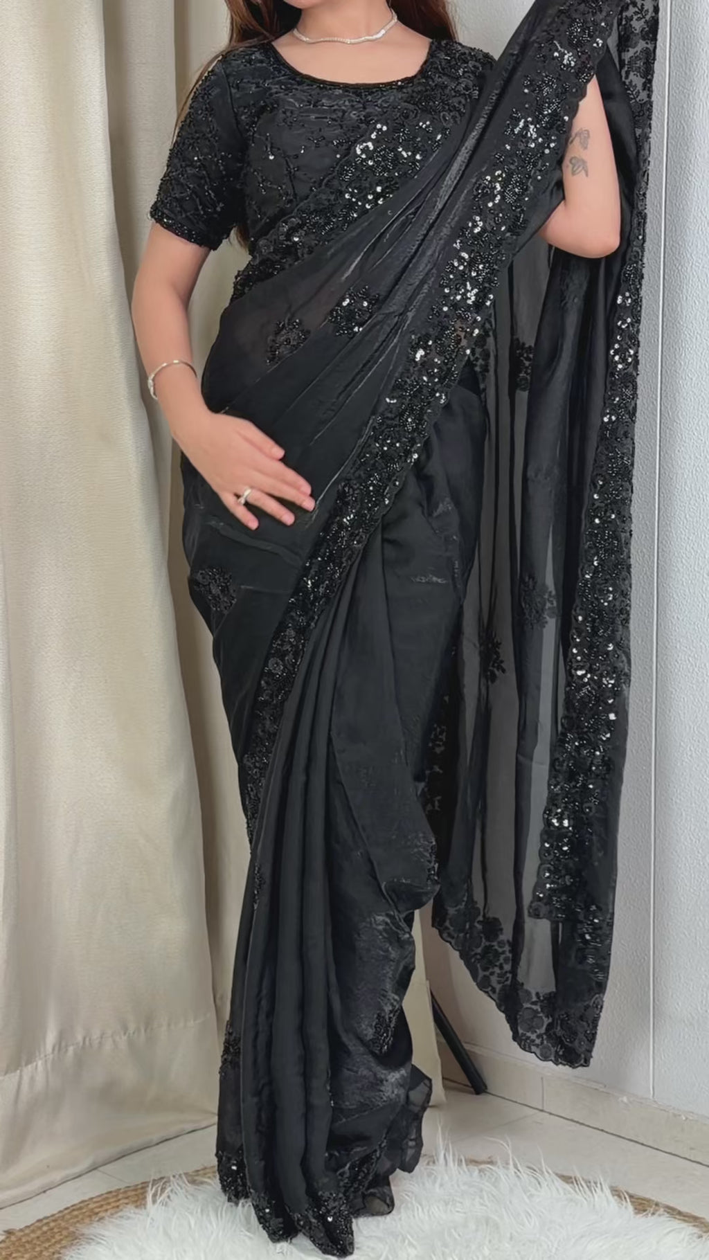 Fandy Satin Beads & Sequins Saree