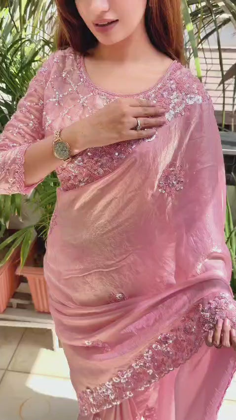 Blush Pink Fandy Satin Sequin Saree