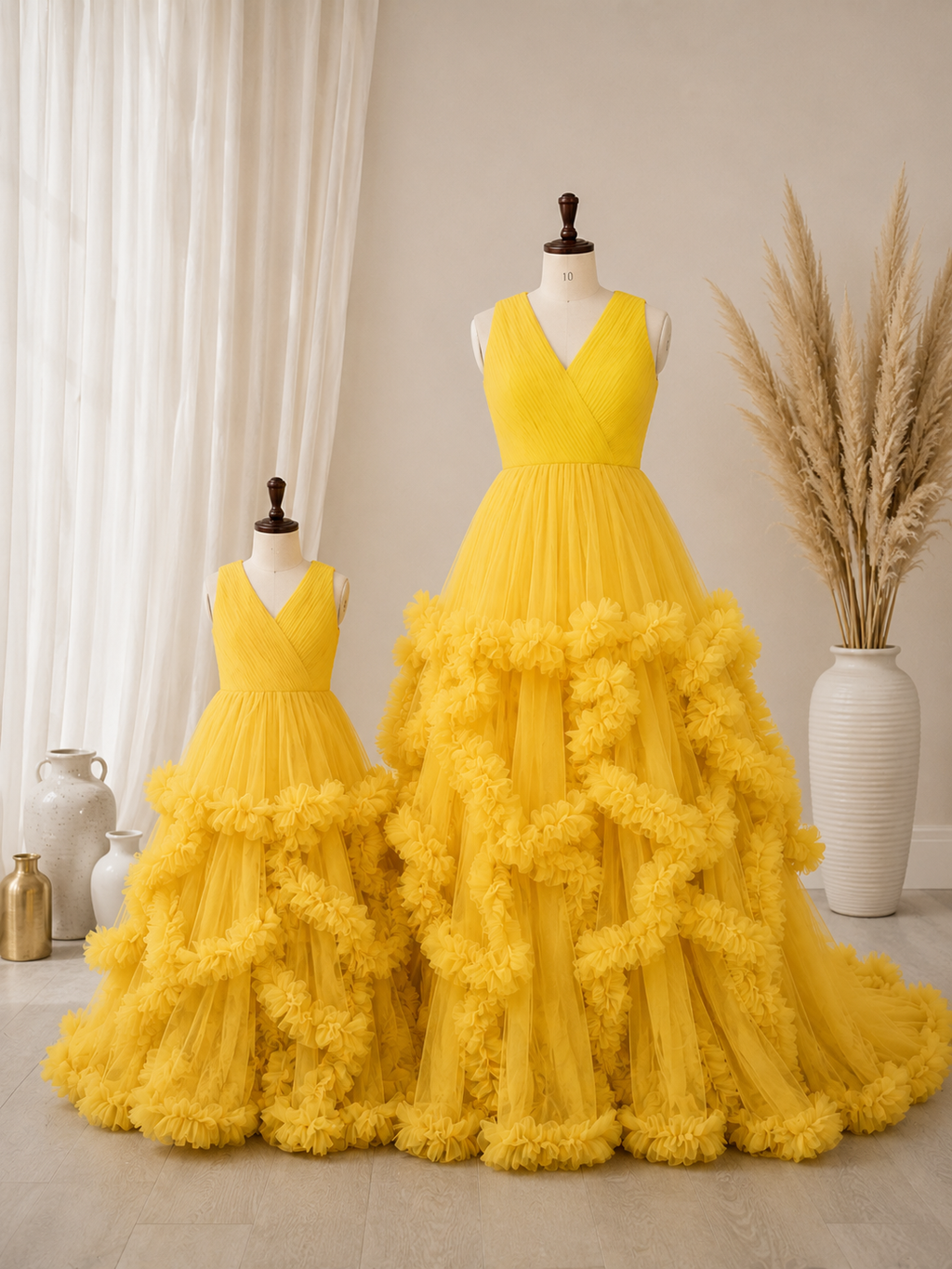 mother and daughter yellow color matching gown