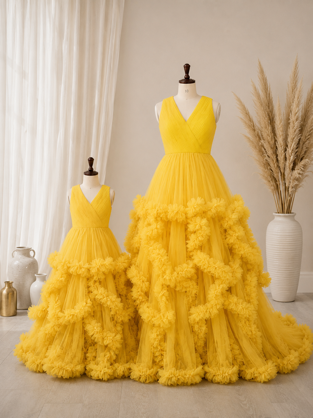 mother and daughter yellow color matching gown