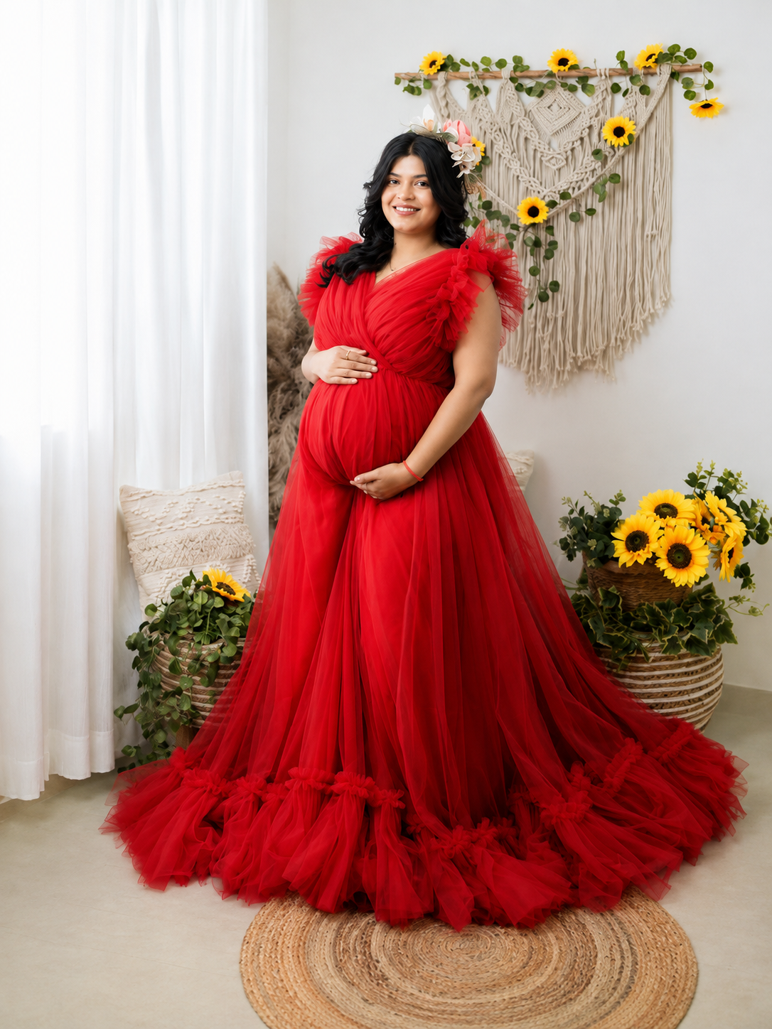 red maternity gown for photoshoot