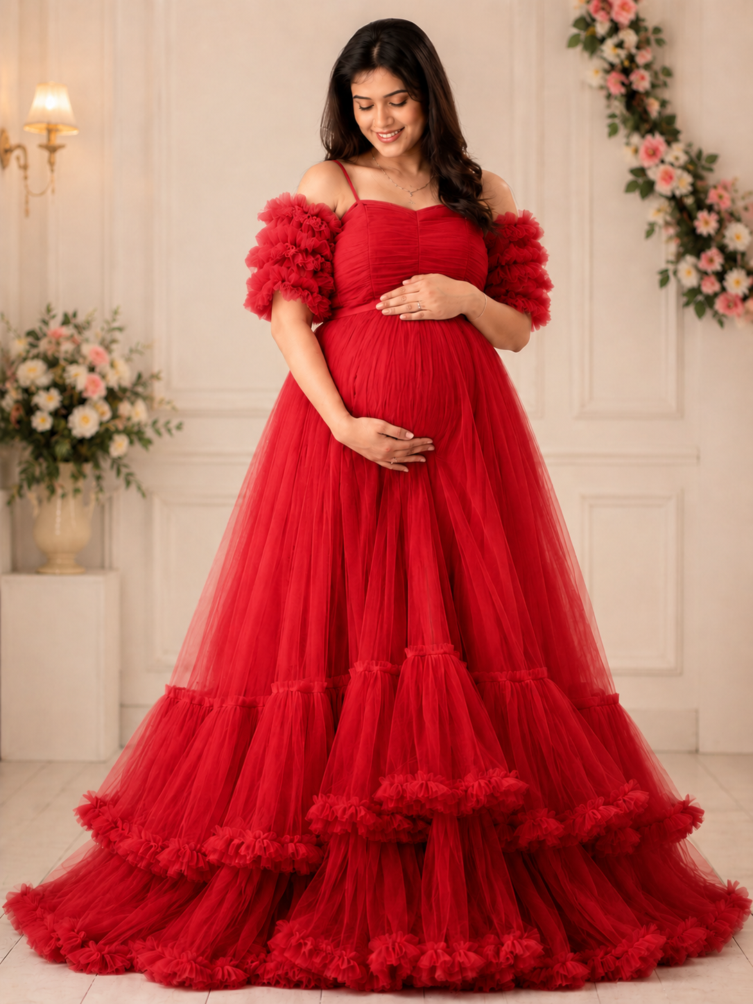 dark red color gown for pregnant lady