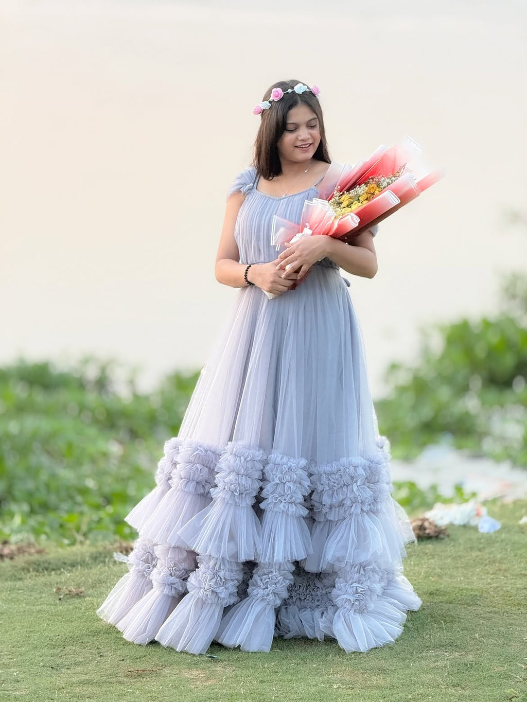 sky blue colour ball gown