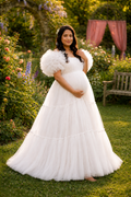 white colour maternity gown for prewedding