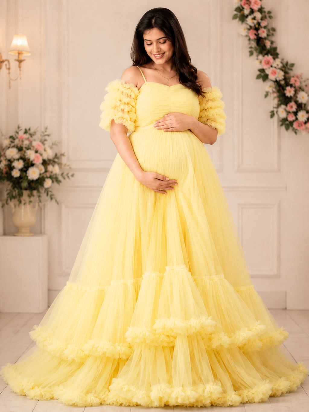 lemon yellow color pregnancy gown